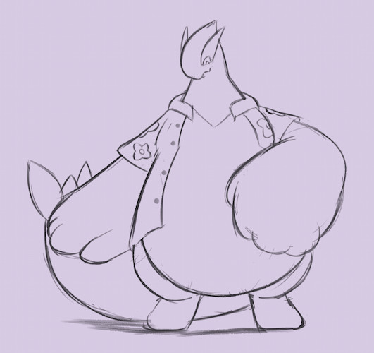 sketch of a lugia wearing a button-up shirt with flower patterns on it